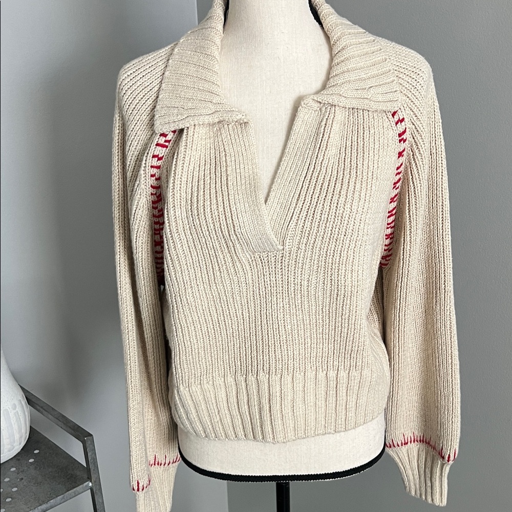 Hudson Jeans Cream V-Neck Sweater with Red Details - Picture 1 of 4